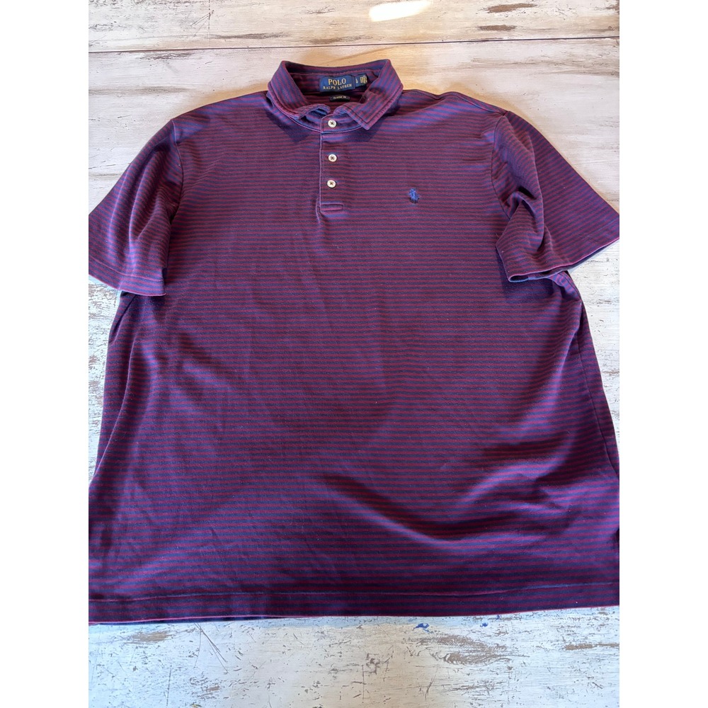 POLO RALPH LAUREN polo shirt mens large burgundy striped blue pony classic fit